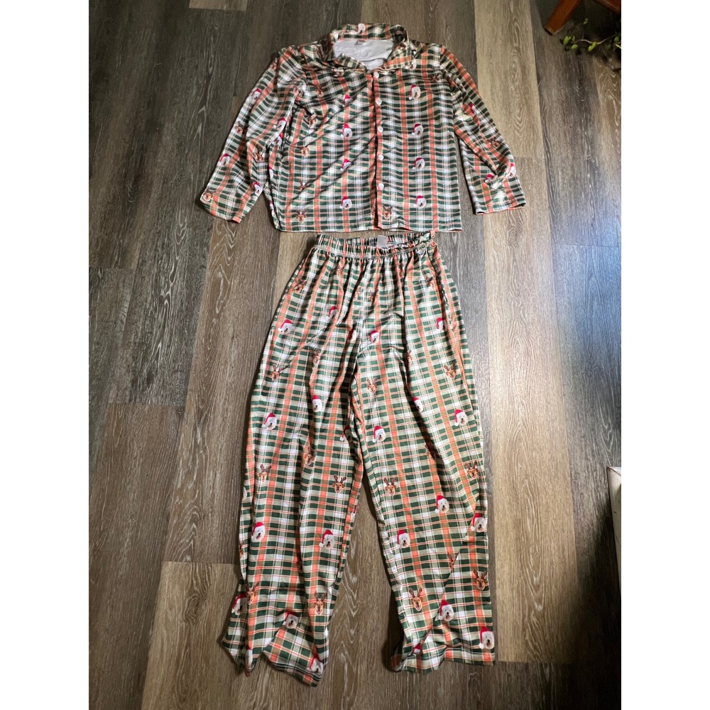 Pet Face Pajamas Christmas Dog Plaid Set Large Green Orange Excellent Holiday